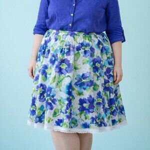 DressBarn - Blue and Green Watercolor Floral Cotton A-line skirt - Womens 20